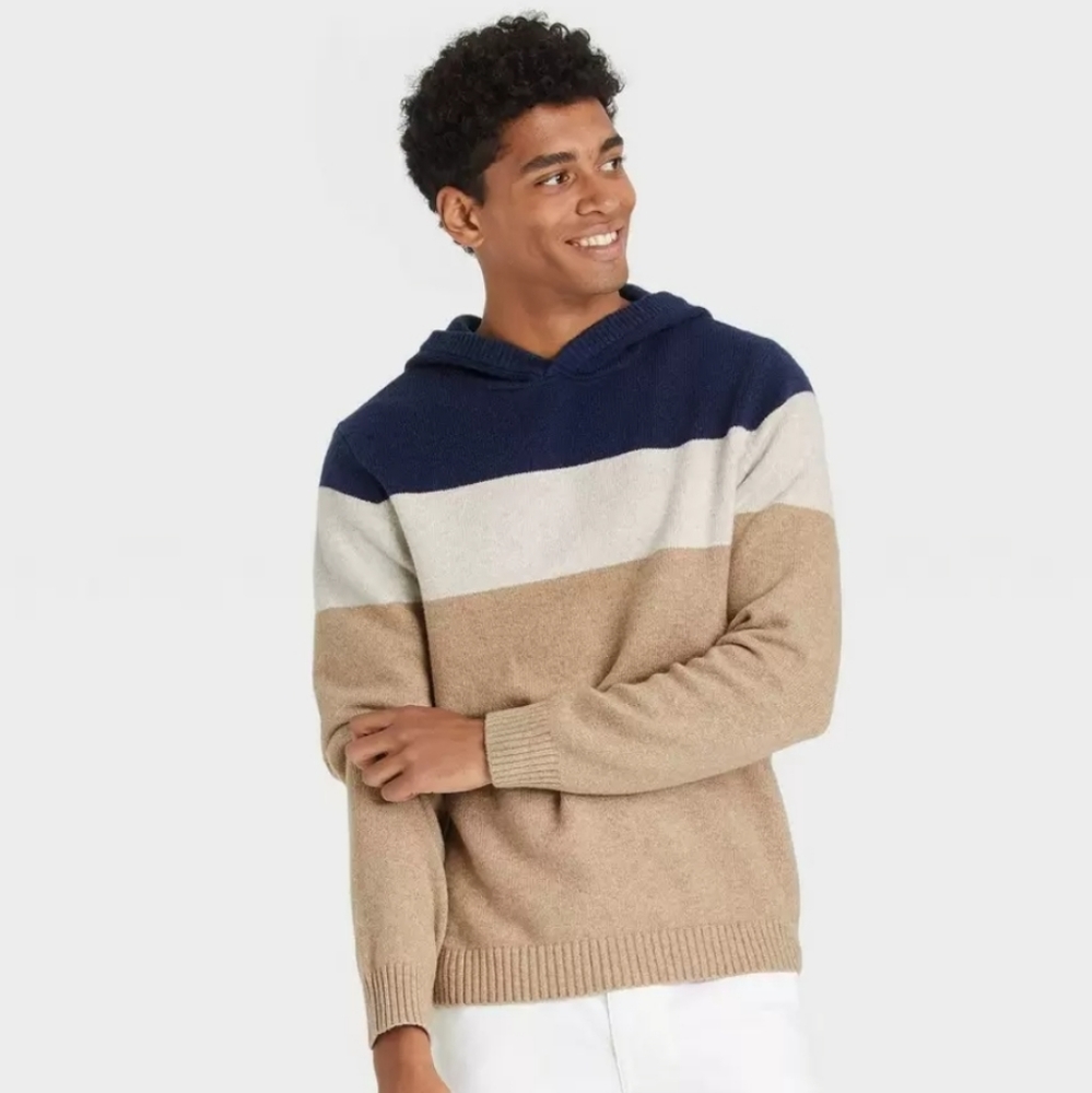 New! Men's Long Sleeve Hooded Pullover Sweater Navy Brown Cream